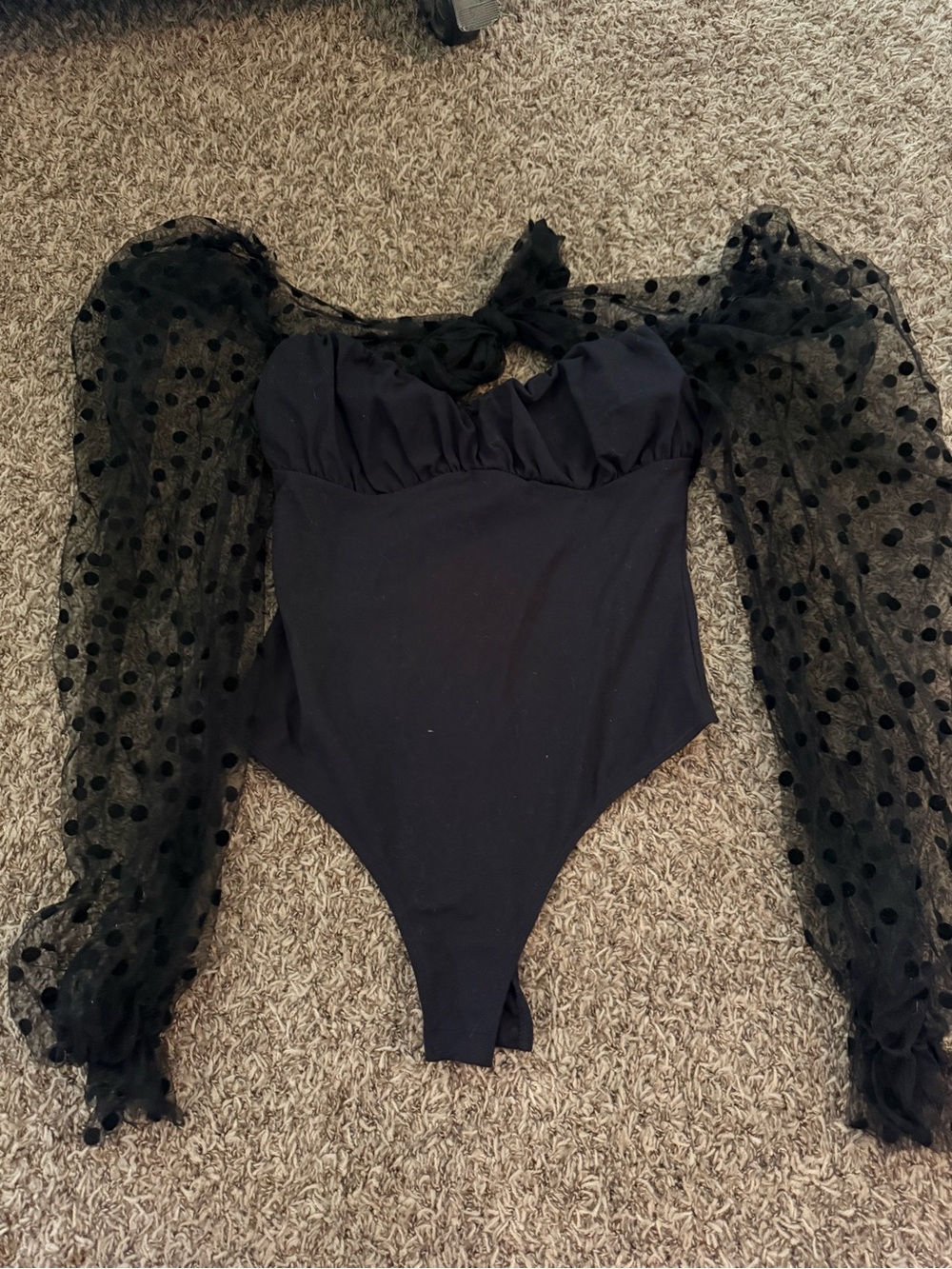 Black Puff-Sleeve Polka Dot Bodysuit
